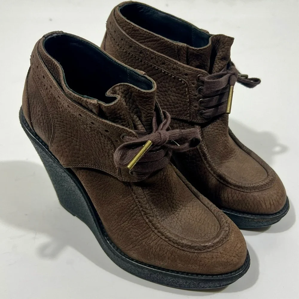 Burberry Prorsum Brown Leather Platform Wedge Booties Women's Size EU 37.5 US 7 - Picture 2 of 14